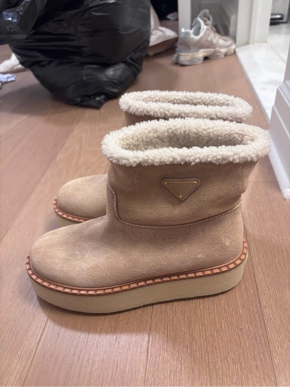 Prada Tan Suede Shearling-Trim Winter Boots
